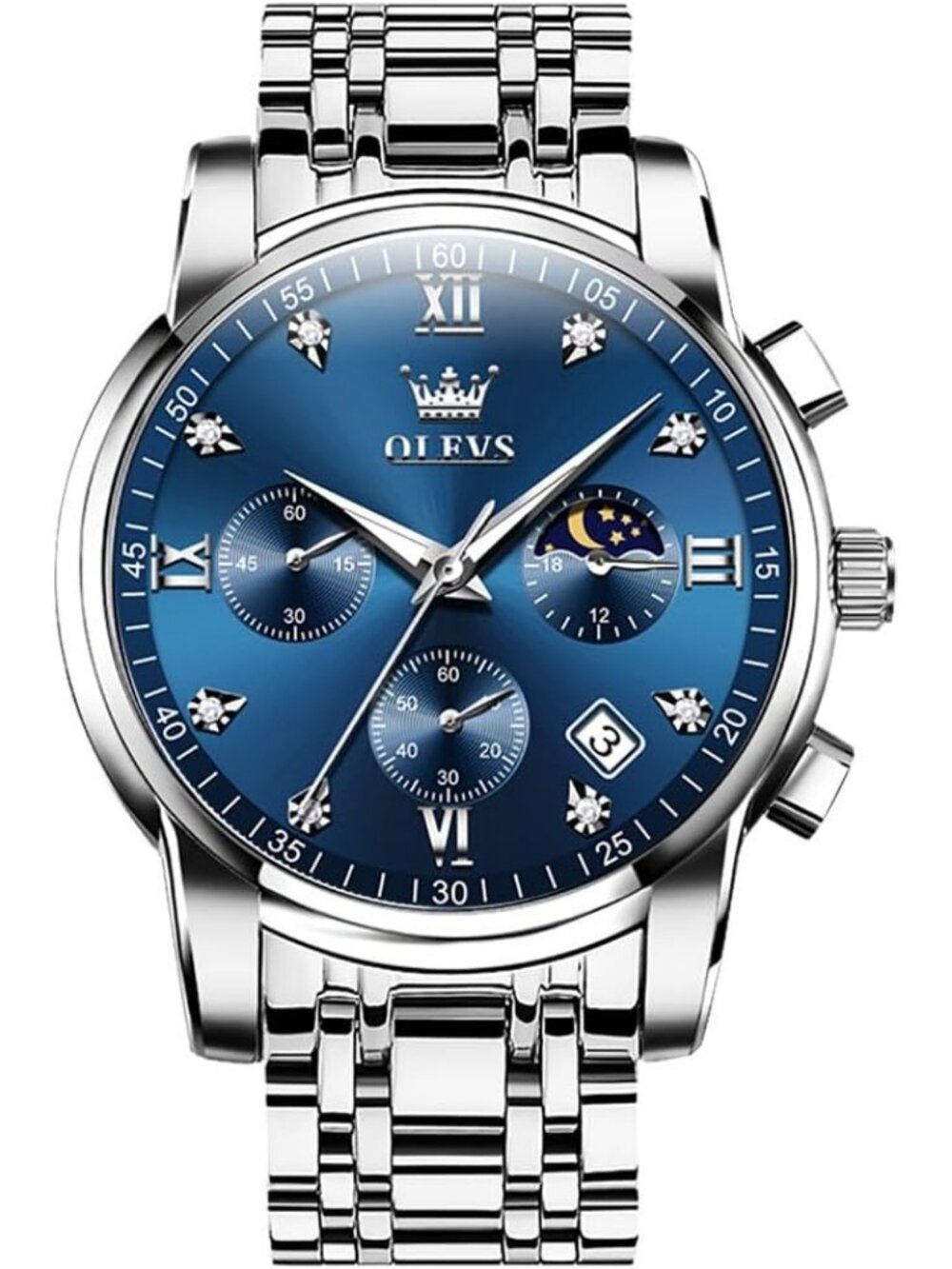 OLEVS Men's Silver Blue Dress Watch Stainless Steel Luminous Waterproof Watch